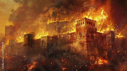 Tisha b'av painting jewish religious holiday burning ruined castle illustration