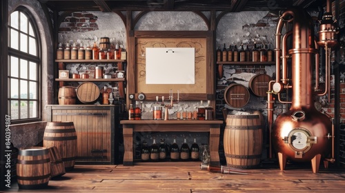 Crafting Artisanal Spirits Rustic Distillery Scene with Blank Business Cards Copper Stills and Oak Barrels