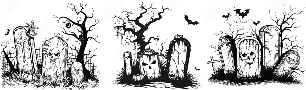 Fototapeta premium Halloween Jack O Lantern Background Silhouette. vector Set. Black and White burial place vector illustration