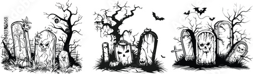 Halloween Jack O Lantern Background Silhouette. vector Set. Black and White burial place vector illustration