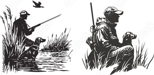 Hunting ducks. man holding a gun. Dog looking out for prey. Vector Illustration