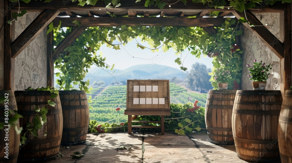 Vineyard Bliss Blank Business Cards on Oak Barrels in Rustic Tasting Room with Panoramic Grapevine View Vineyard Bliss Blank Business Cards on Oak Barrels in Rustic Tasting Room with Panoramic Grapevine View