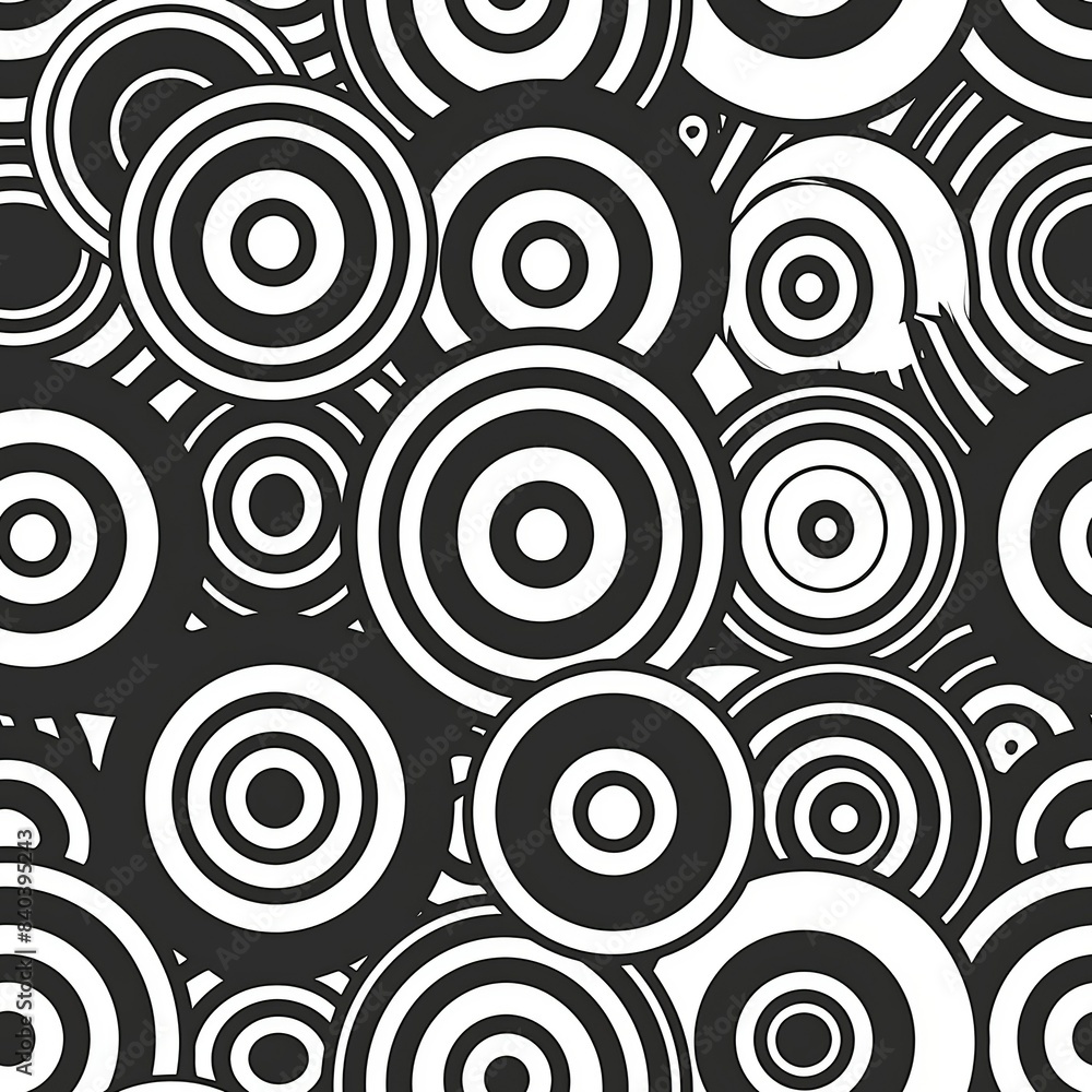 Naklejka premium Abstract black and white image of concentric circles and ellipses, varying in size and density, creating a hypnotic and rhythmic geometric visual effect. Minimal pattern banner wallpaper, simple
