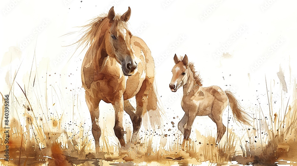 Obraz premium the image shows a sepia watercolor mare and her foal on a white background the illustration is beautifully hand painted.stock photo