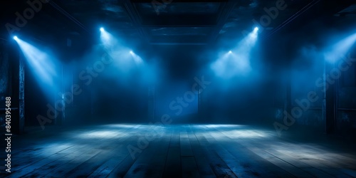 A Room in Dark Blue with Neon Searchlight  Smoke  and an Empty Atmosphere. Concept Dark Blue Room  Neon Searchlight  Smoke Effects  Empty Atmosphere