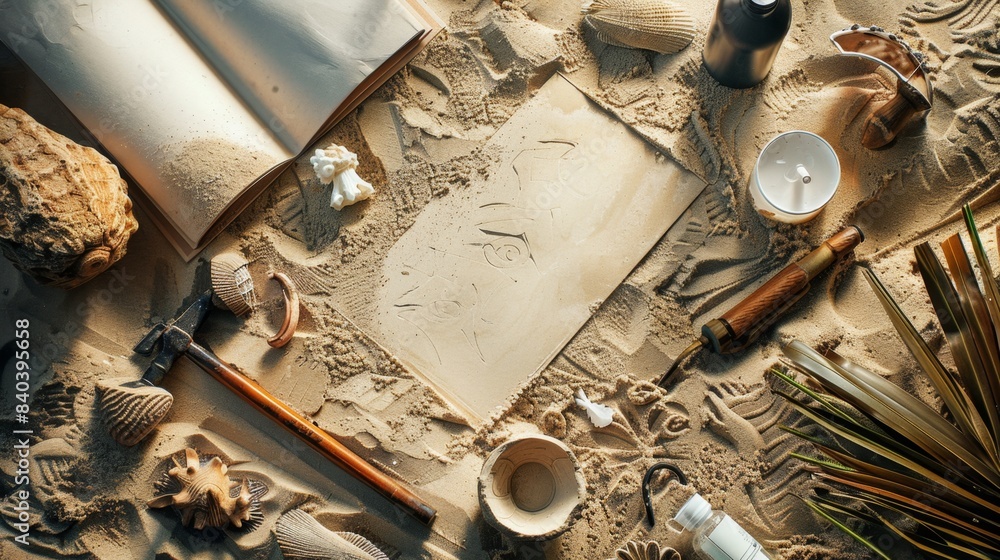 Fototapeta premium Artistic Beach Workspace Sand Sculpting Tools Business Cards and Intricate Sand Art Creation
