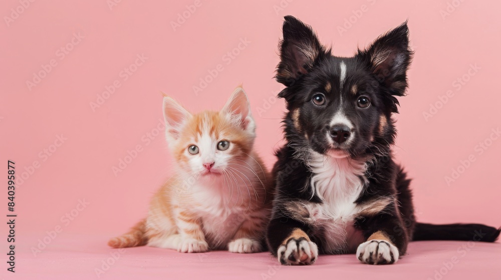 A cute kitten and puppy sit together on a pink background. The kitten is looking at the camera, while the puppy has its tongue sticking out. A cute kitten and puppy sit together on a pink background. The kitten is looking at the camera, while the puppy has its tongue sticking out.