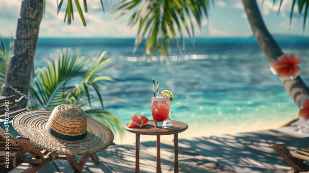 Obraz premium Relaxation in Paradise Seaside Hammock with Sunhat and Tropical Cocktail