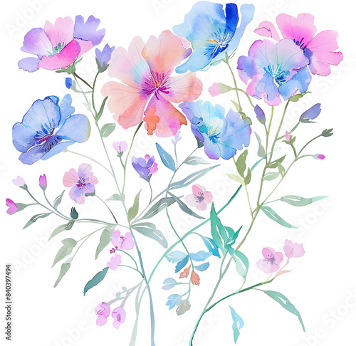 Watercolor flowers over white, png, transparent background