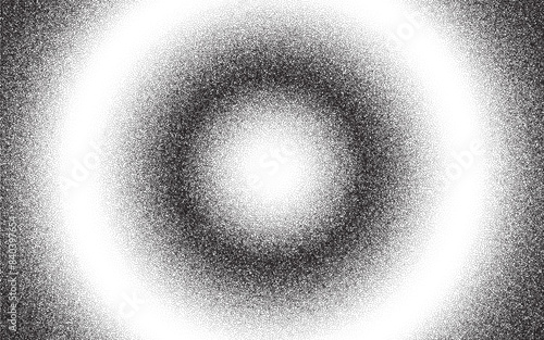 Radial gradation overlay with noise dots stipple halftone background, circular grainy texture pattern
