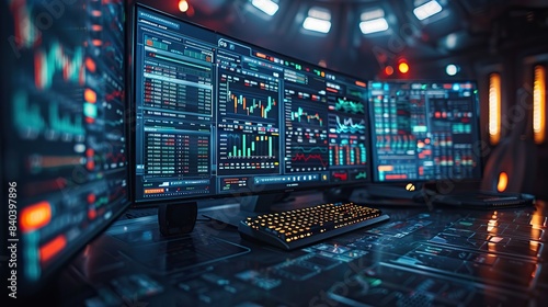 professional trade screens with financial data at a trading office in futuristic style computer or pc monitor for forex and stock market exchange investment services brokers.stock illustration photo