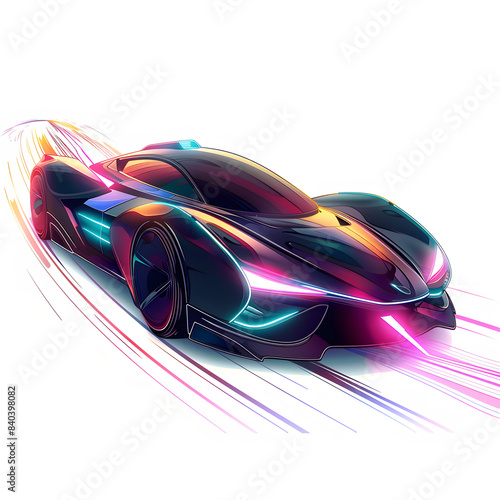 futuristic concept showcasing a high speed supercar racing on a technologically advanced highway adorned with trail lights isolated on white background, png © Anton