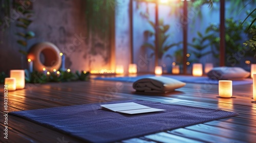 Tranquil Yoga Studio with Business Cards on Bamboo Floor Meditation Cushions and Softly Glowing Candles Serene Wellness Space for Mindful Practice and Relaxation © ASoullife