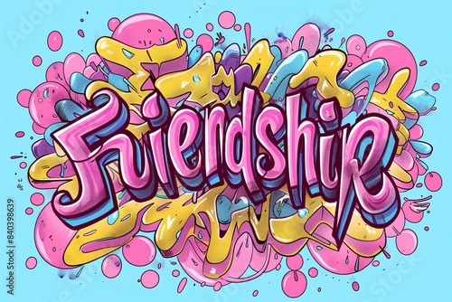 Bright inscription    Friendship    in colourful colours. Concept of international friendship day  close relationship of mutual trust  regulation and obtaining results. 