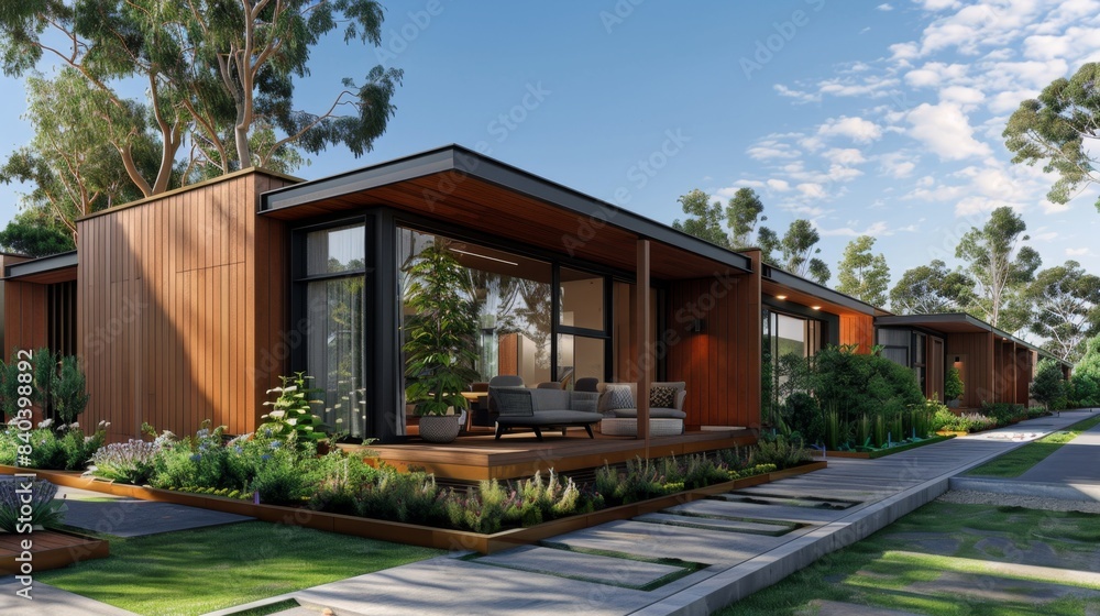 Fototapeta premium Sustainable Living EcoFriendly Modular Homes in Suburban Oasis