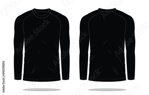 Blank Black Raglan Long Sleeve T-Shirt Template on White Background. Front and Back Views, Vector File.