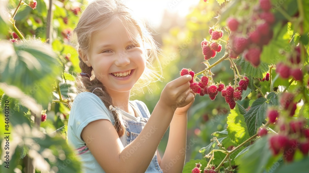 A little girl collects raspberries in a wicker basket in the garden. Summer holidays. A little girl collects raspberries in a wicker basket in the garden. Summer holidays.
