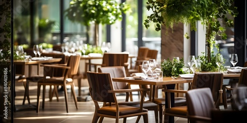 Upscale restaurant interior with elegant tables chairs lighting and greenery. Concept Upscale Dining, Elegant Decor, Fine Dining Experience, Stylish Ambiance, Luxury Interior © Anastasiia