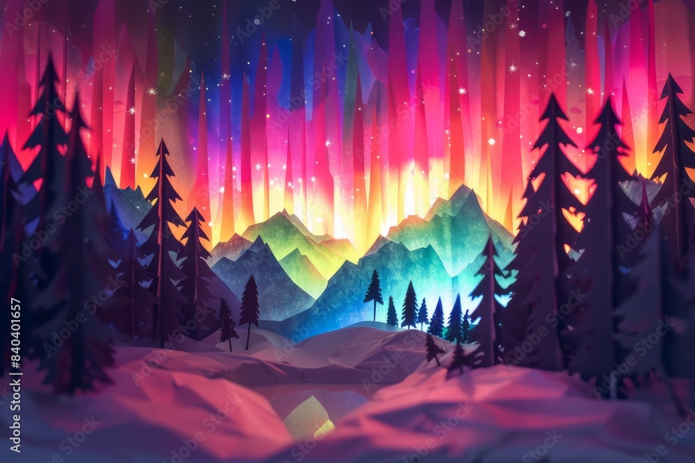 A mesmerizing night scene featuring the vibrant colors of the aurora borealis illuminating a forested mountain landscape A mesmerizing night scene featuring the vibrant colors of the aurora borealis illuminating a forested mountain landscape