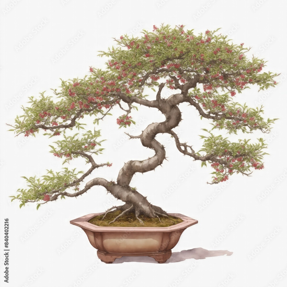 Illustration of surinam Cherry bonsai in the style of watercolor on a white background Illustration of surinam Cherry bonsai in the style of watercolor on a white background