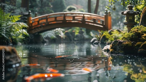 Tranquil Japanese garden with koi pond and serene wooden bridge. Peaceful scene captured in nature s beauty. Relaxing and calm environment.