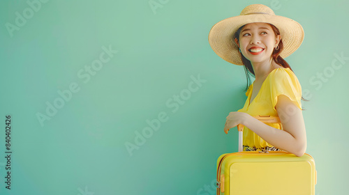 Traveler happy woman wear yellow casual clothes hold suitcase isolated on plain pastel light green background. Tourist travel abroad in free spare time rest getaway. Air flight trip journey concept. #840402426