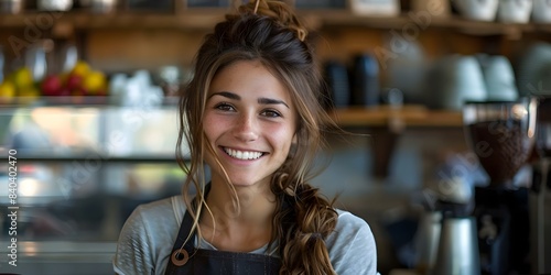 Female barista in coffee shop smiles at camera exuding passion for work. Concept Coffee shop  Female empowerment  Smiling  Passion for work  Barista