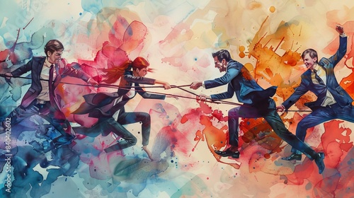 Colorful watercolor painting depicting businesspeople pulling ropes in a competitive tug of war against an abstract background. photo