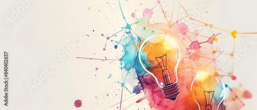 Creative concept of lightbulbs with colorful watercolor splashes, symbolizing ideas, innovation, and creativity in art and design.