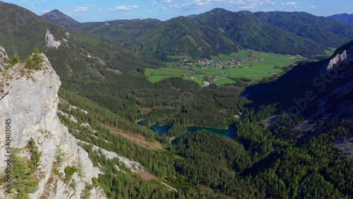Grüner See in Spring, Styria, Austria, Panoramic View, Drone Footage