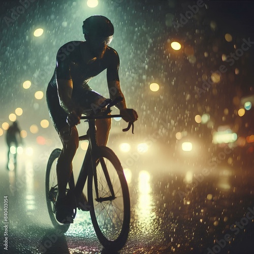  A triathlete braving the rain as he cycles through the night, preparing himself for the upcoming marathon. The blurred raindrops in the foreground and the dark, moody atmosphere in the background add