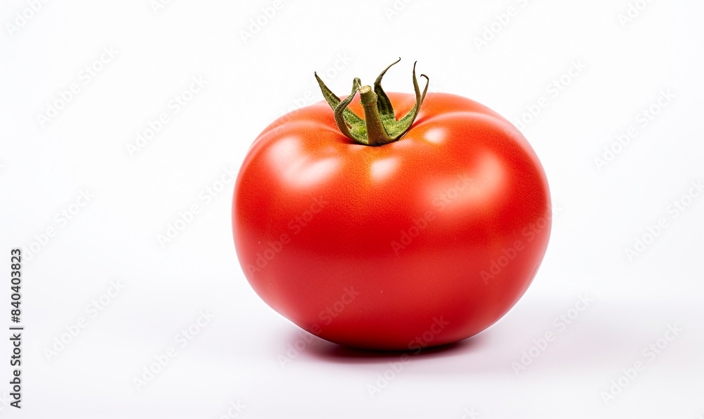 Ripe tomato with evergreen stem isolated on white background, red tomato, organic tomato Ripe tomato with evergreen stem isolated on white background, red tomato, organic tomato
