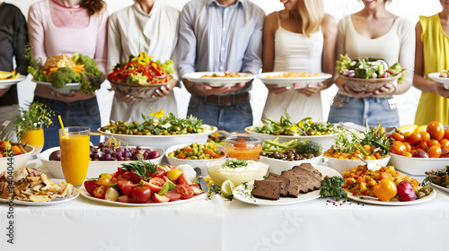 food buffet line at family potluck party, a potluck dinner where each family member contributes a dish, creating a collaborative and communal dining experience isolated on white background, photo, p photo