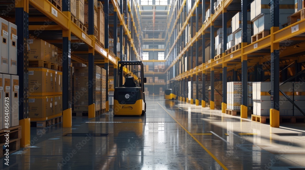 Automated guided vehicles (AGVs) navigate through aisles of shelves in a modern smart warehouse, transporting goods with precision and efficiency to meet customer demands. Automated guided vehicles (AGVs) navigate through aisles of shelves in a modern smart warehouse, transporting goods with precision and efficiency to meet customer demands.