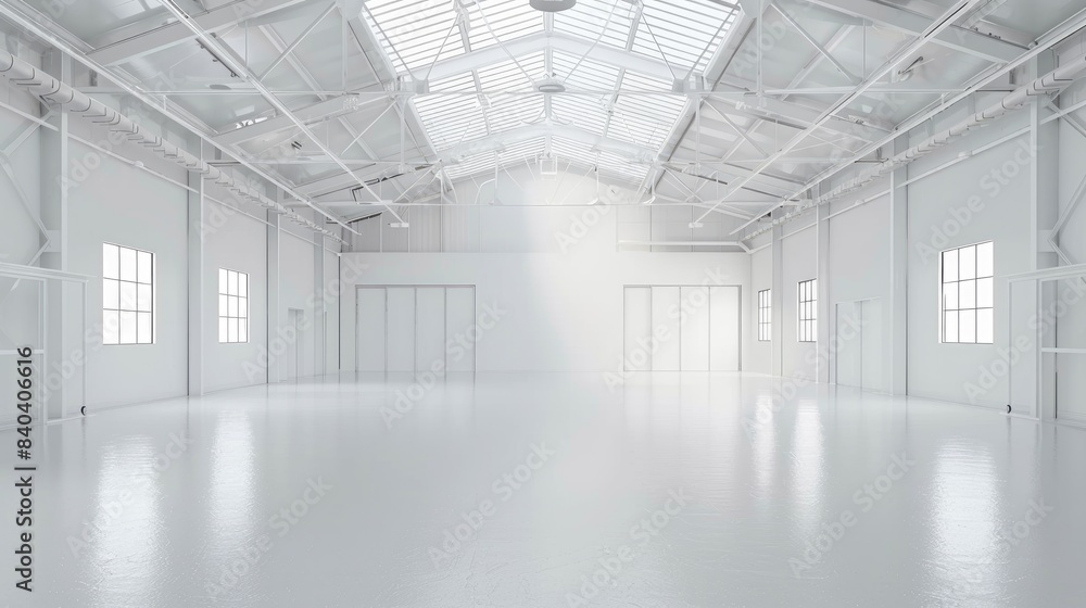 Pristine white warehouse with an open, empty interior and a clean white background, suitable for industrial applications Pristine white warehouse with an open, empty interior and a clean white background, suitable for industrial applications