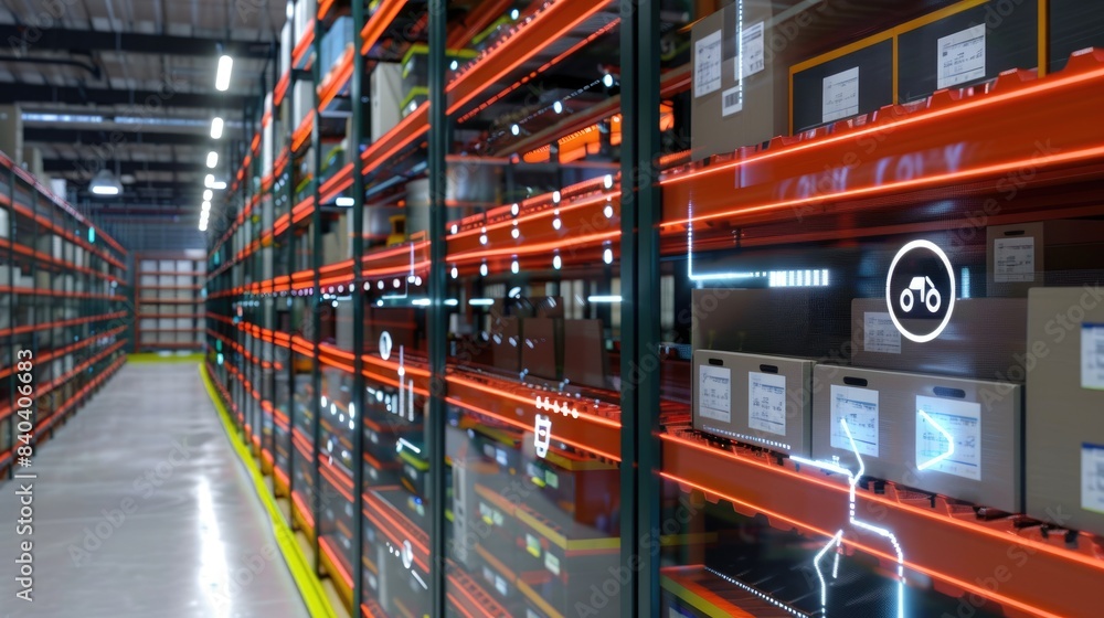 Smart lighting systems adjust brightness levels based on occupancy and natural light conditions, optimizing energy usage and creating a comfortable working environment in a modern warehouse facility Smart lighting systems adjust brightness levels based on occupancy and natural light conditions, optimizing energy usage and creating a comfortable working environment in a modern warehouse facility