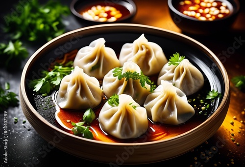 delicious steamed dumplings flavorful soy dipping sauce plate, appetizer, chinese, cuisine, traditional, savory, snack, meal, food, asian, round, shape, tasty photo