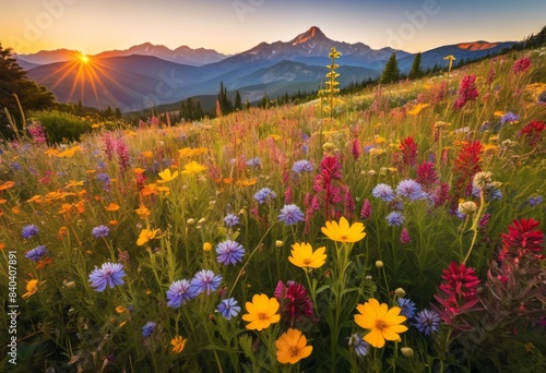 vibrant wildflower meadow distant mountain range view, blossoming, flowering, blooming, meadowy, mountainous, colorful, scenic, picturesque, lush