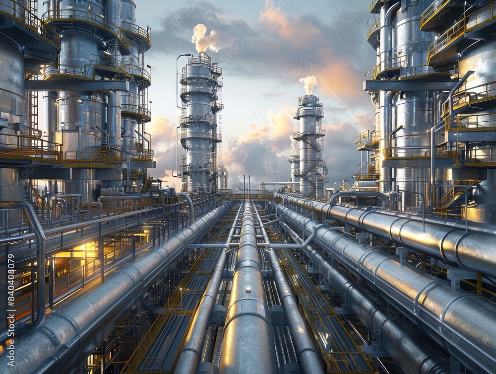 Wide-angle view of a modern industrial refinery, featuring numerous steel pipelines, tall structures, and a cloudy sky backdrop.
Wide-angle view of a modern industrial refinery, featuring numerous steel pipelines, tall structures, and a cloudy sky backdrop.