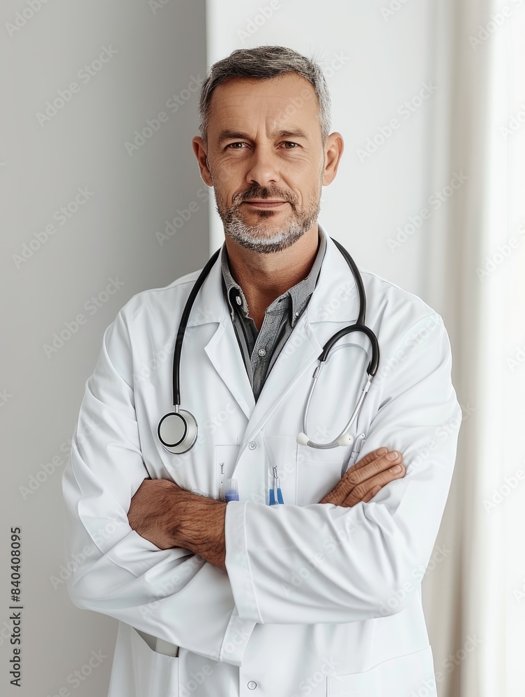 Expert Doctor in White Coat Portrait with blurred hospital interior on background Expert Doctor in White Coat Portrait with blurred hospital interior on background