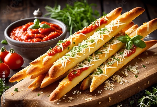 delicious cheesy garlic breadsticks dipped marinara sauce, savory, tasty, scrumptious, mouthwatering, aromatic, italian, snack, crunchy, baked, goodness photo