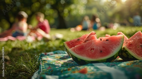 A sunny day picnic with fresh watermelon slices on a blanket, people in background enjoying the relaxed outdoor atmosphere.