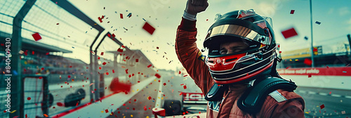 Triumphant Race Car Driver Celebrates in Slow Motion at Stadium Finish Line