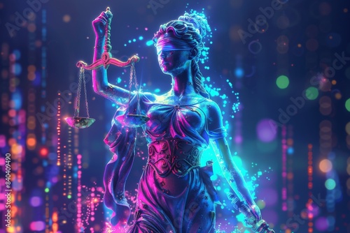 Lady Justice Statue with Neon Lights in Abstract Background 