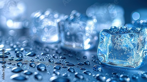  A cluster of ice cubes perched on a wet table with adjacent droplets
