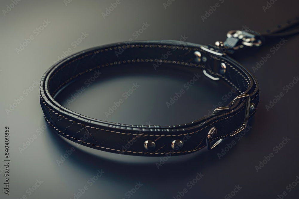 A black leather dog collar placed on a table A black leather dog collar placed on a table