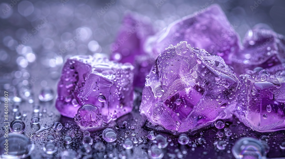 Black table with purple ice cubes and raindrops Black table with purple ice cubes and raindrops