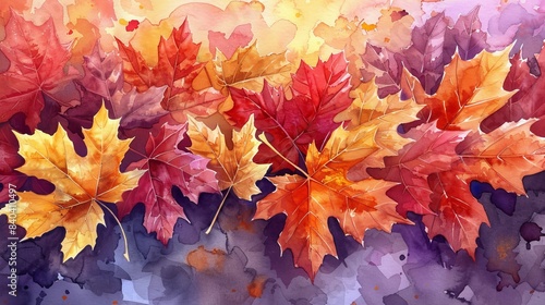 watercolor colorful watercolor background with red  orange  yellow and purple leaves.