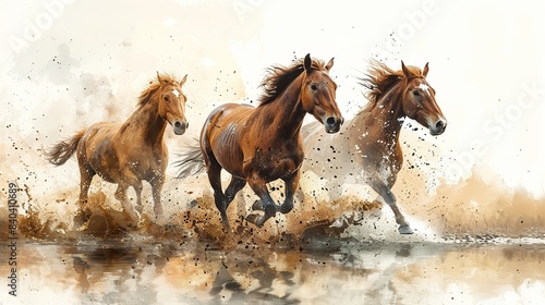 imaginative computer generated ai illustration of brown horses running through a river in watercolour suitable for equine posters and flyers.image illustration