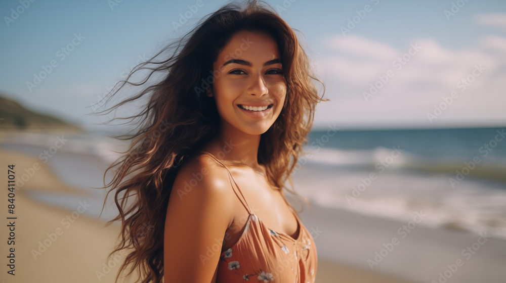 young latin woman looking at the camera, enjoying her summer holidays at the beach young latin woman looking at the camera, enjoying her summer holidays at the beach